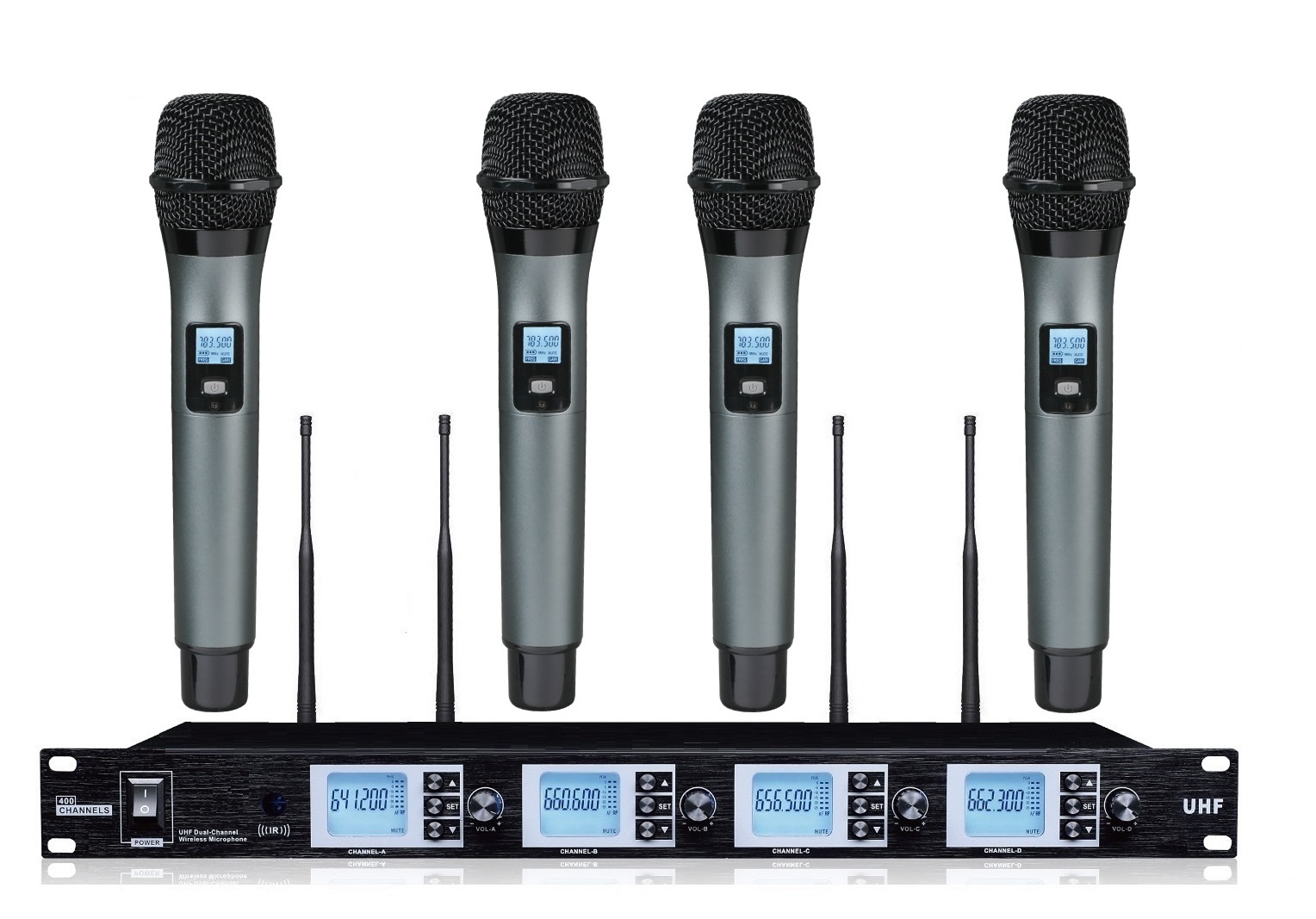 4×100 Channel Professional 4-Channel UHF Wireless Handheld Microphone System