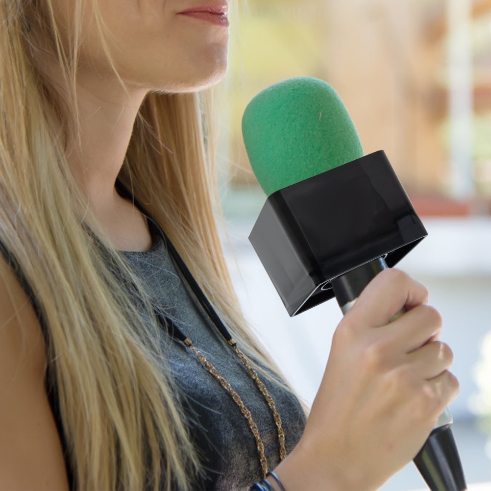 2Pcs ABS Square Cube Mic Station Logos Interview TV Station Mic Logos Black