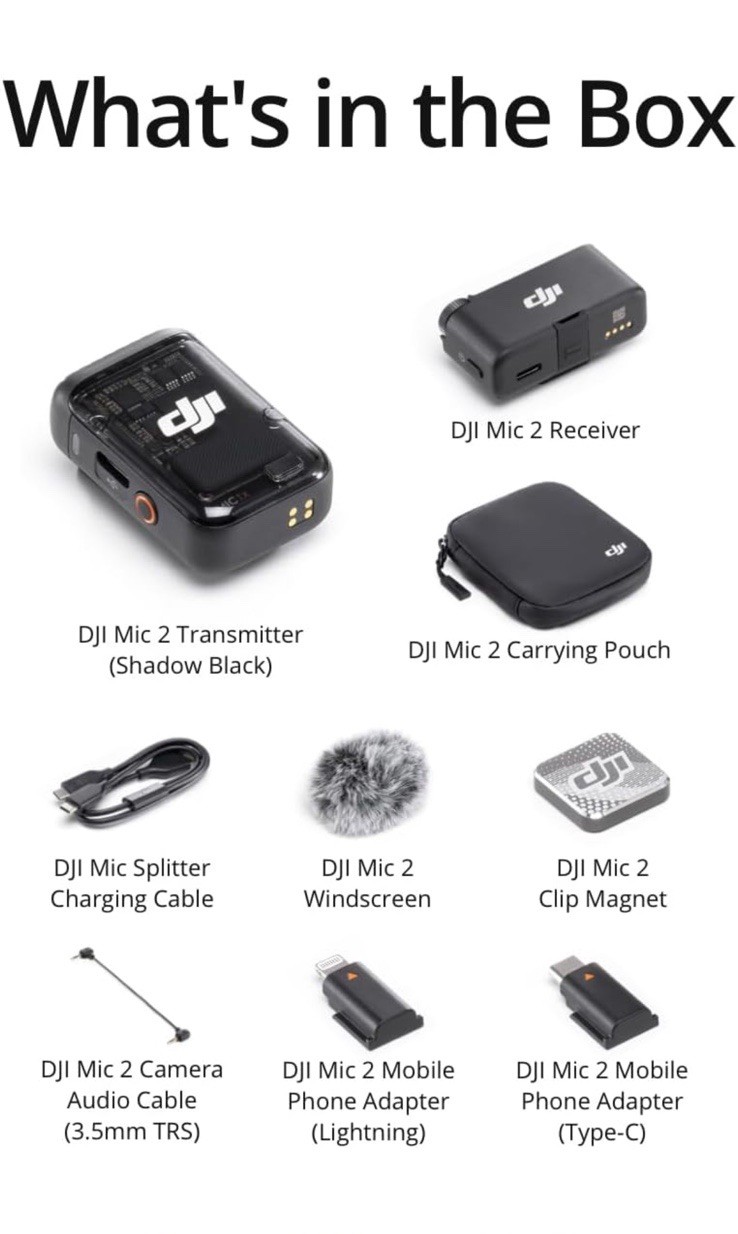 DJI Mic 2 Transmitter/Recorder Shadow Black, Built-In Microphone, 2 -Piece Set