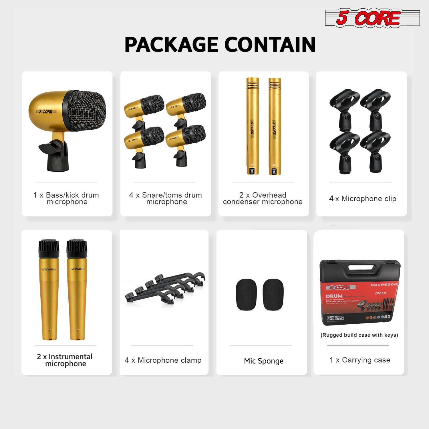 5 Core Drum Microphone Kit 9Pc All Metal Drummer Mics Tom/Snare & Cymbals Wired