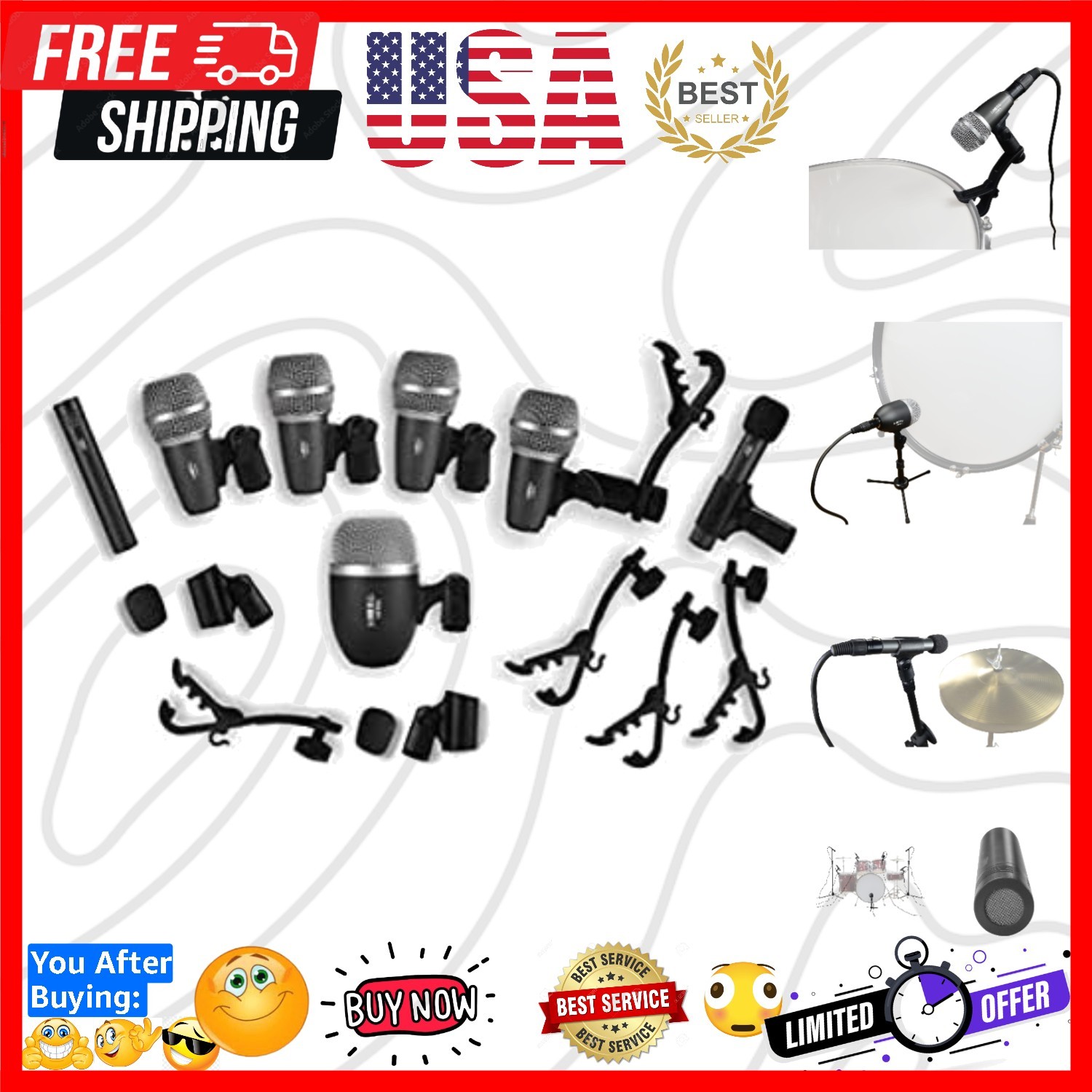 Wired Microphone Kit for Drum and Other Musical Instruments … A Whole Set Mic