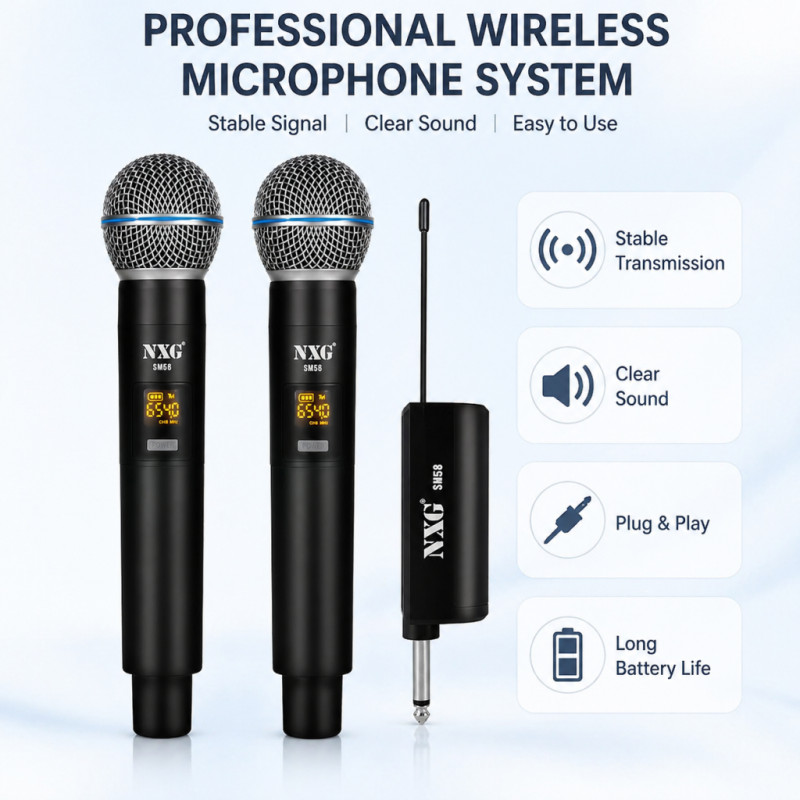 One Drag Two UHF Wireless Microphone, Long Transmission Clear Sound for Karaoke