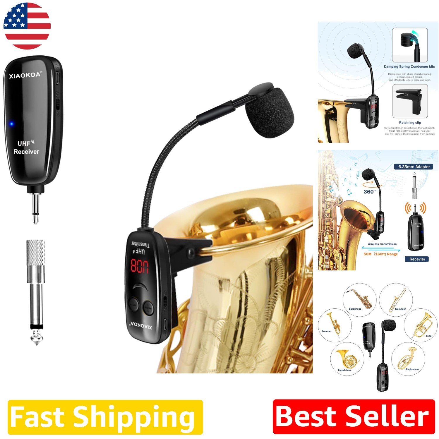 High-Sensitivity Wireless Sax Mic – Digital Display, Long Battery Life, 164ft