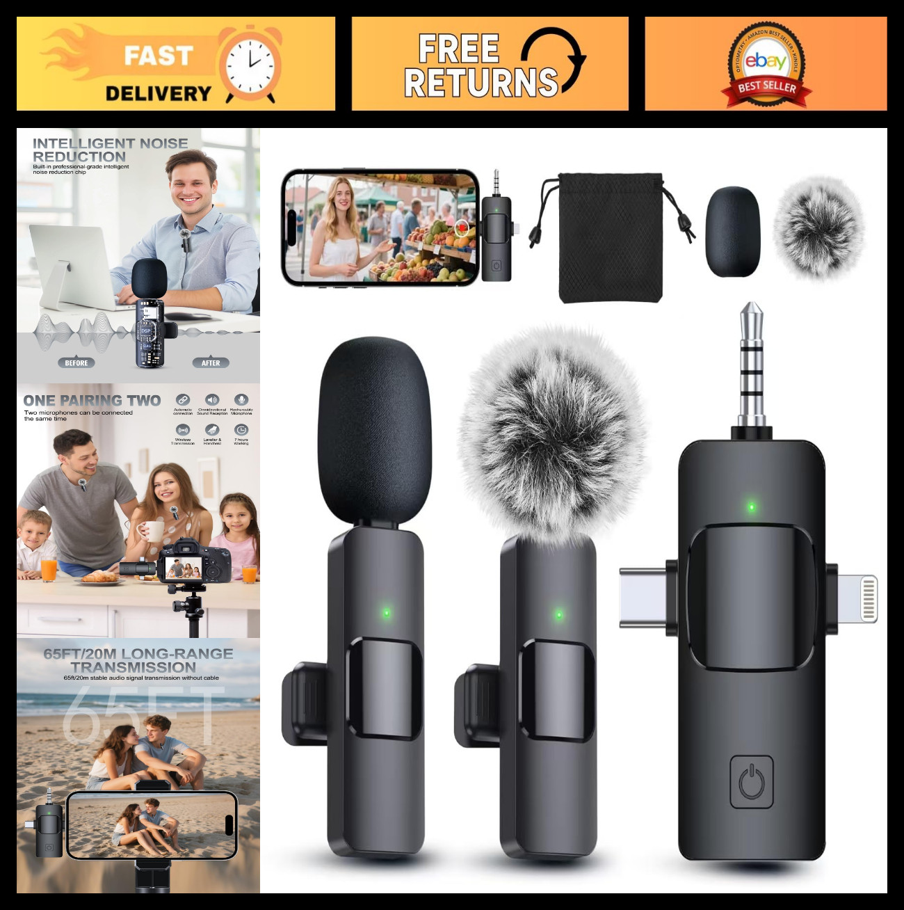 3-in-1 Wireless Lavalier Microphone for iPhone/Android/Camera, Mini Mic, Clear S