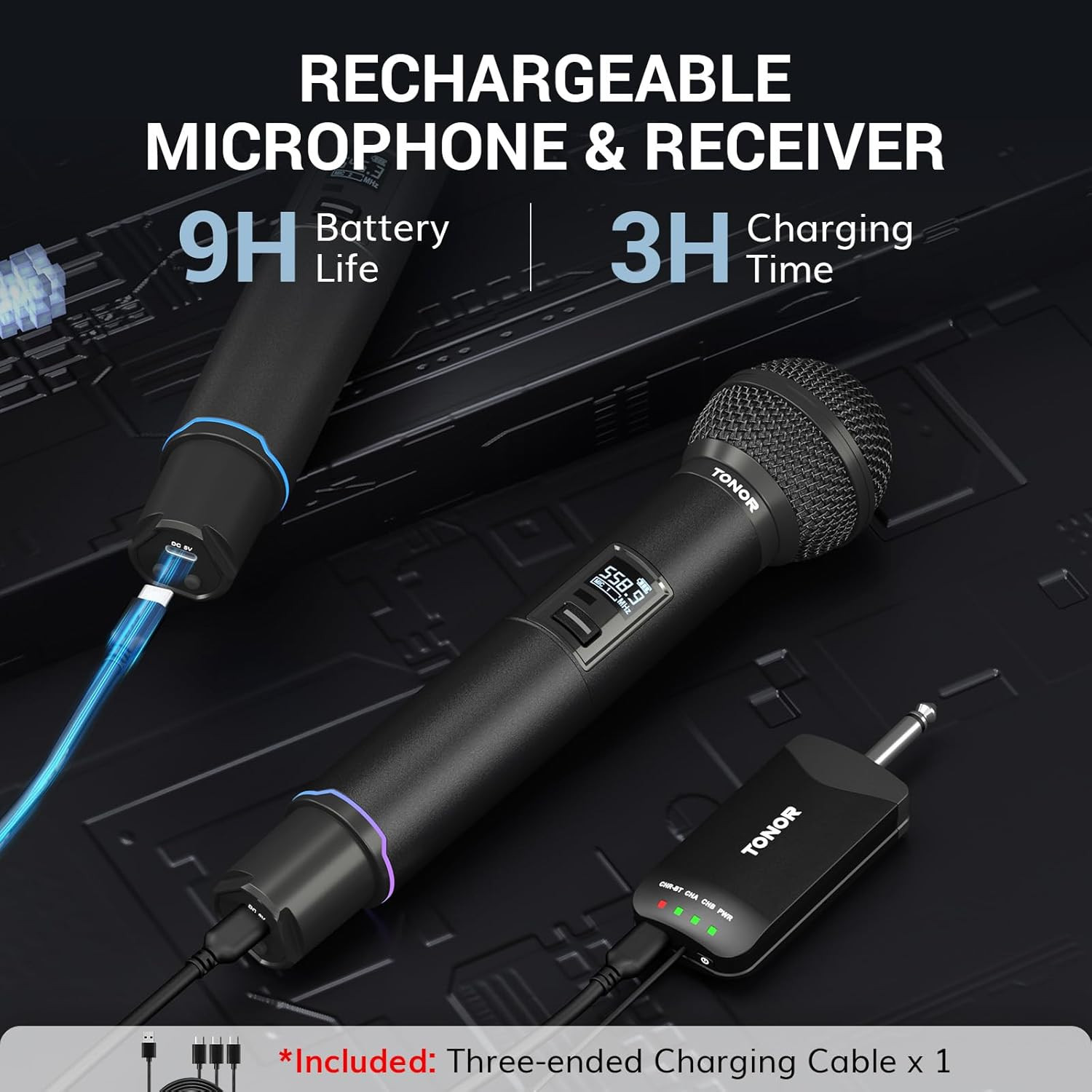 Wireless Rechargeable Microphone System, 2 UHF Handheld Mics for Events, 328Ft