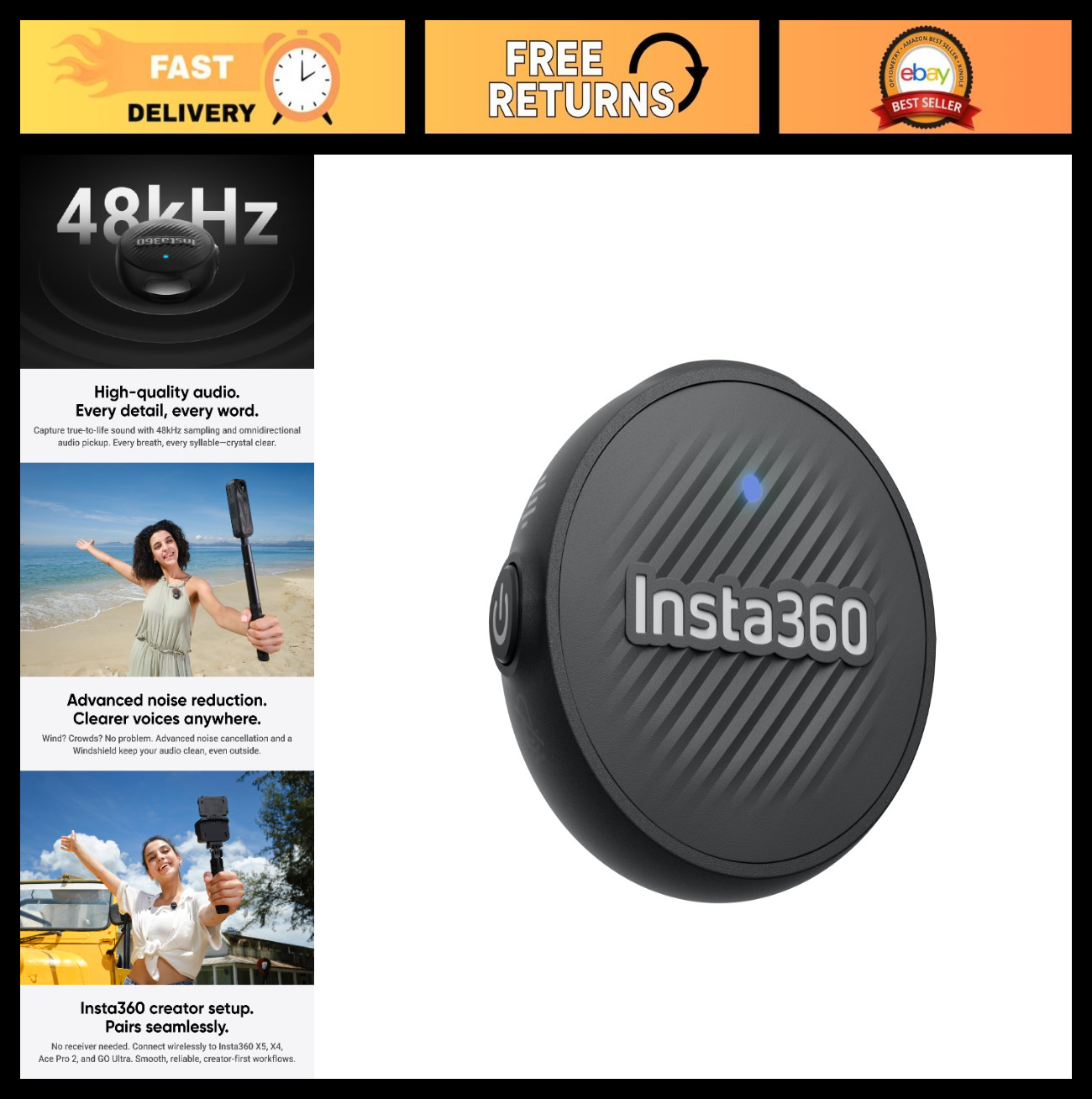 Ultralight Wireless Microphone, 7.9g Noise Cancelling Transmitter for Vlogging &