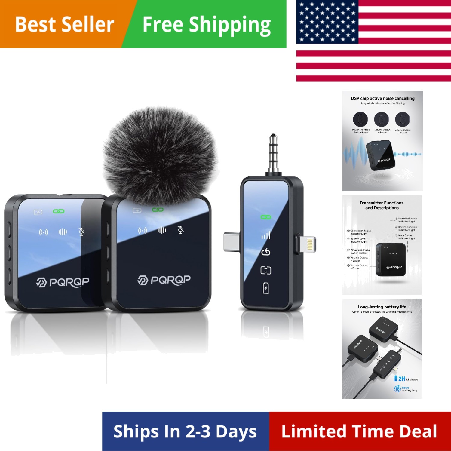 3 in 1 Microphone for iPhone/Android/Camera, Wireless Microphones, 328ft Tran…