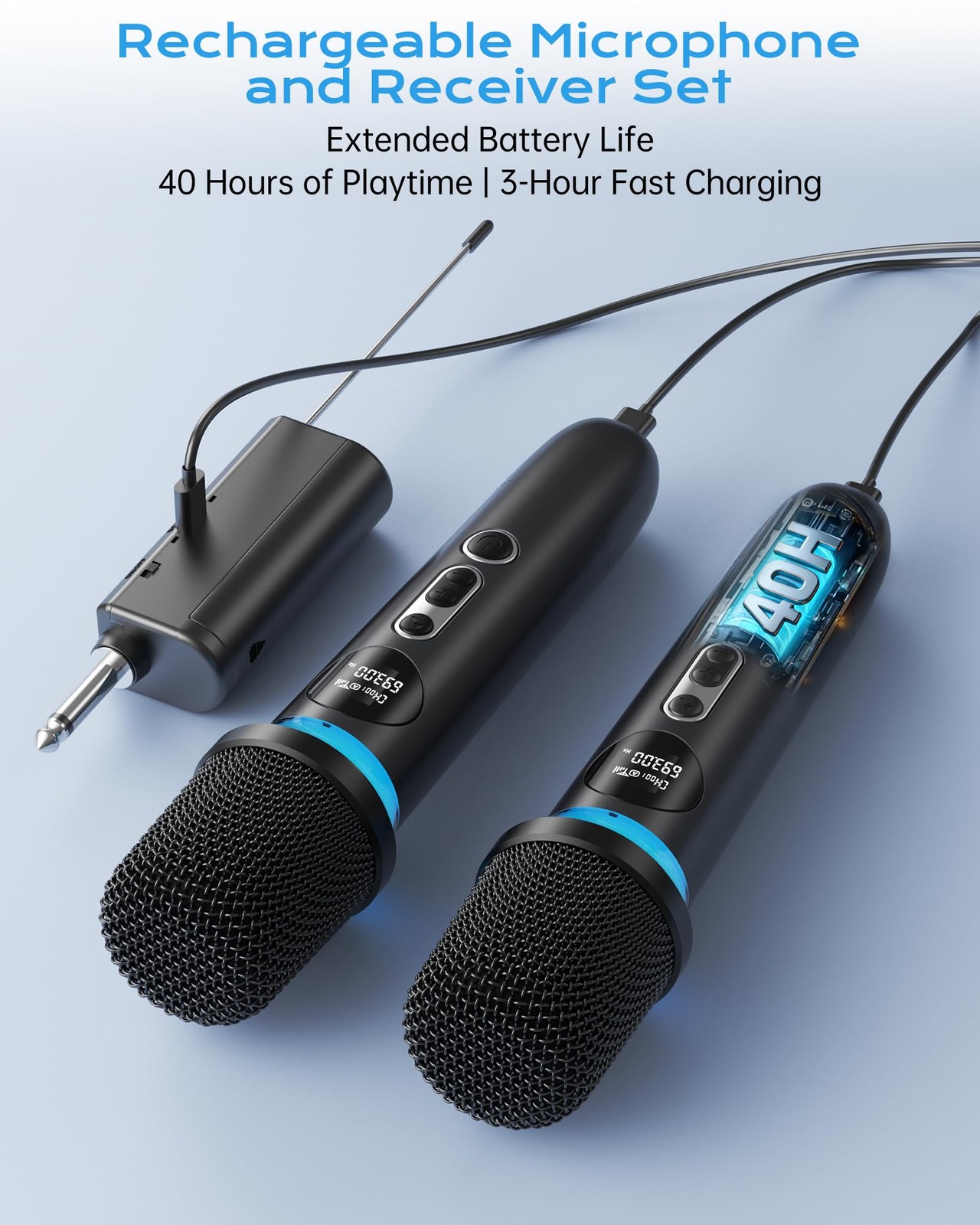 Dual Handheld Wireless Dynamic Microphone RGB Light 200FT Range 40Hour