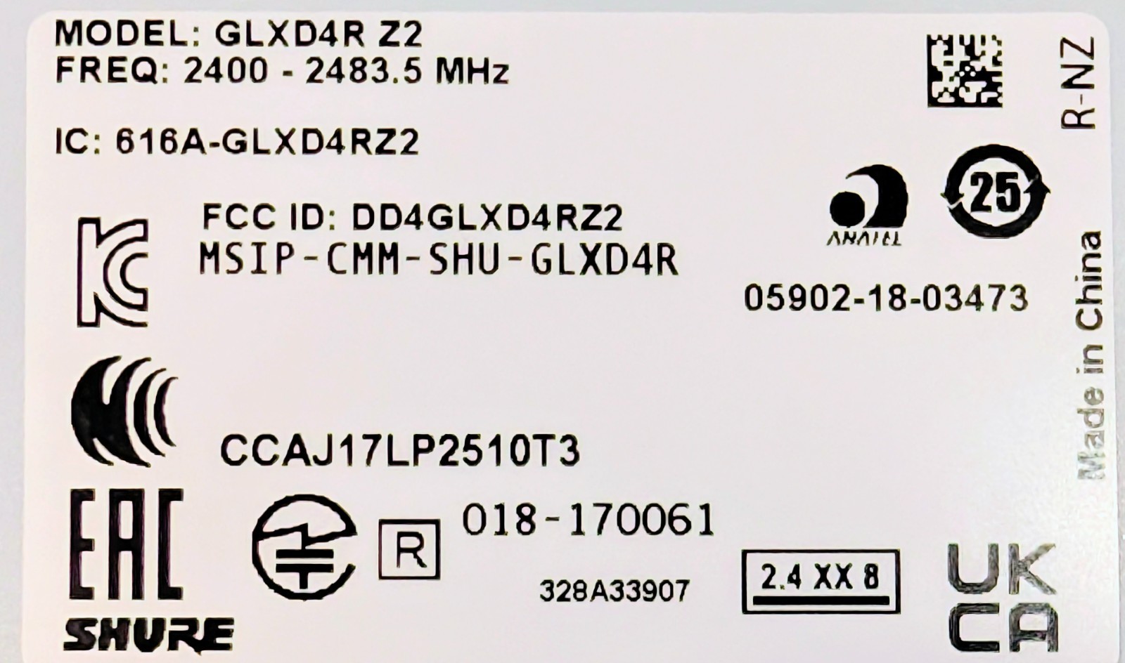 2 -SHURE/2-GLXD4R-Z2/ 2-GLXD1-Z2 / WL93 Lav Mic Bodypack Transmitters& Receivers