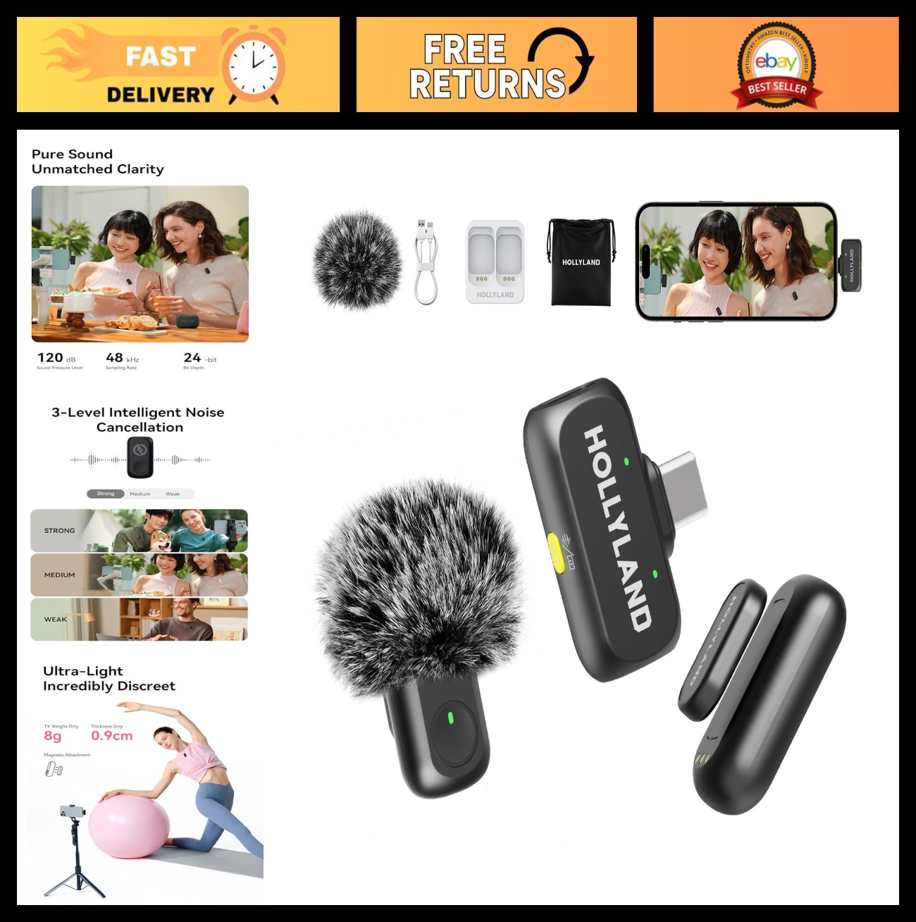 Wireless Microphone for iPhone & Android, 48kHz Studio Audio, Noise Cancellation