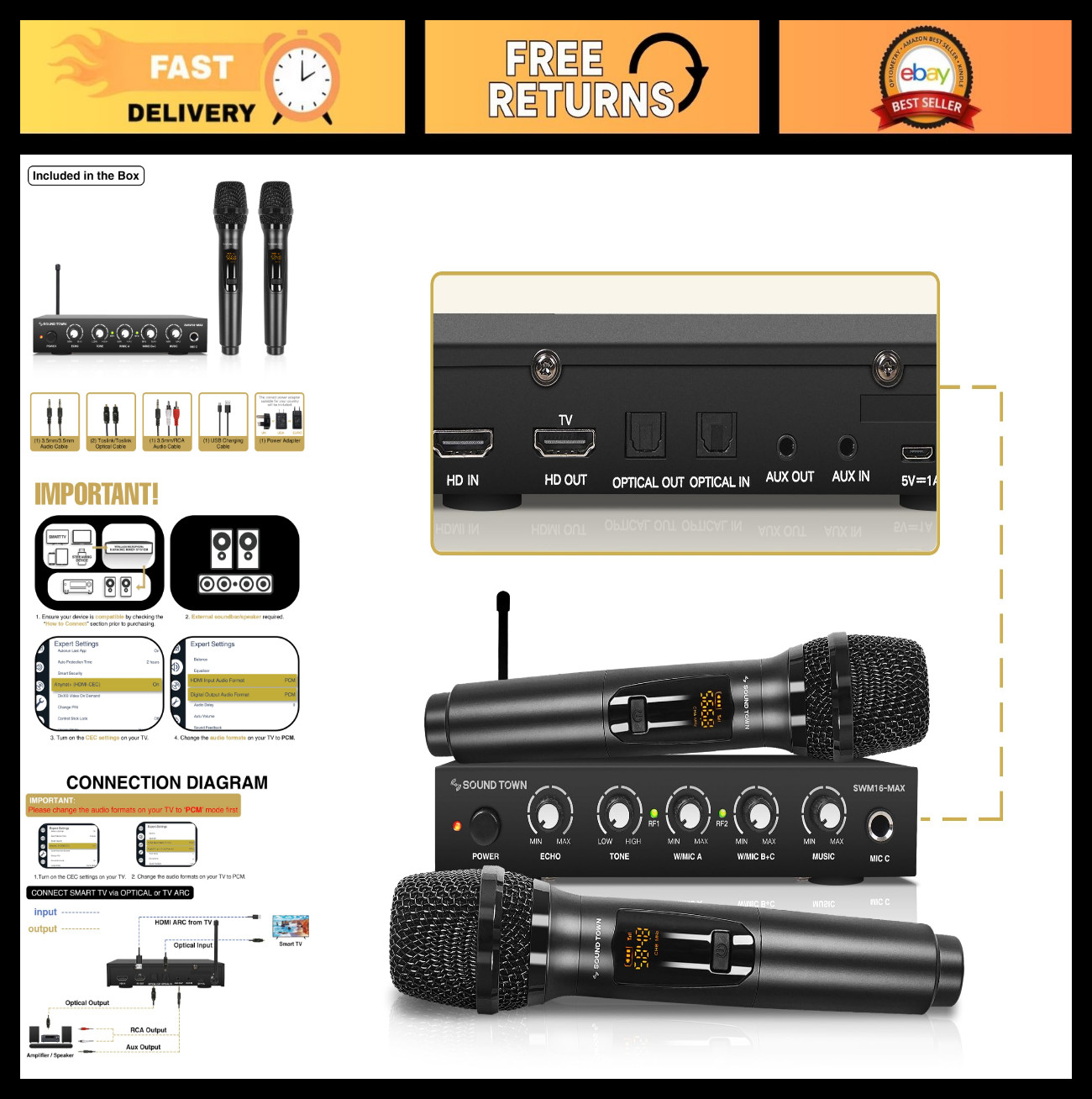 Wireless Karaoke Microphone Mixer System – HD Audio, Bluetooth, AUX, Optical, Sm