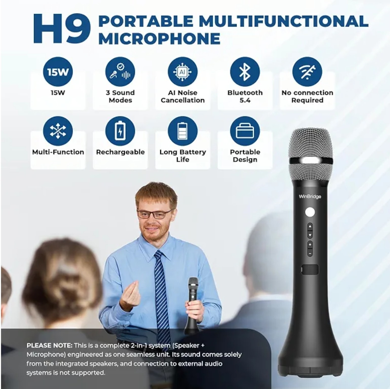 WinBridge H9 2 In 1 Wireless Handheld Microphone W/ Built In Bluetooth Speaker