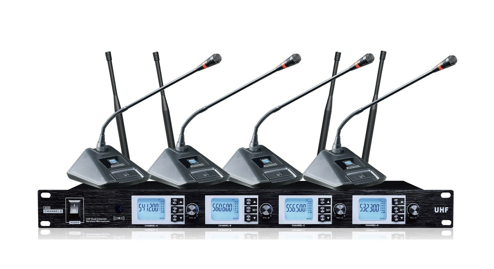 4 Channel Wireless Microphone System UHF Cordless Audio Mic Set 4 Table Top Mics