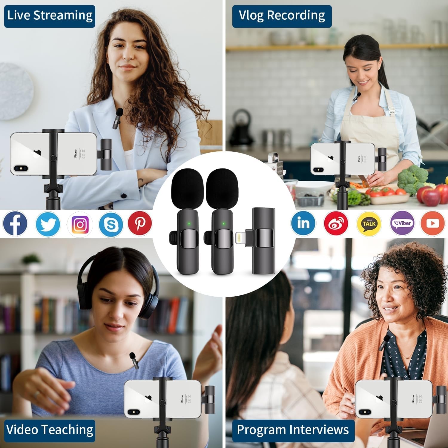 Rechargeable Wireless Lavalier Lapel Microphone – Active Noise Reduction, 2-Pack