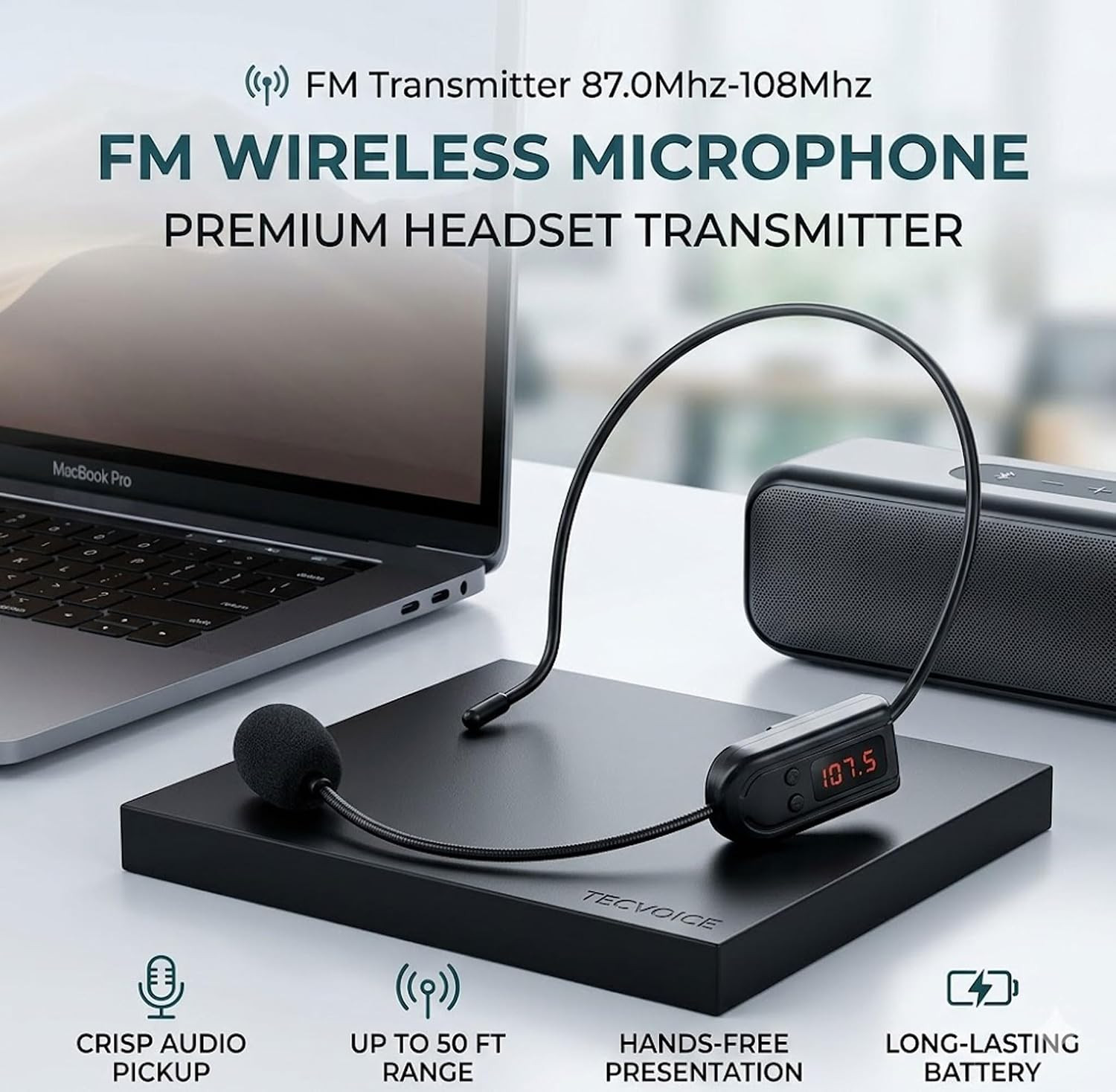 Wireless FM Condenser Microphone Headset, Hands-Free with Rechargeable Battery