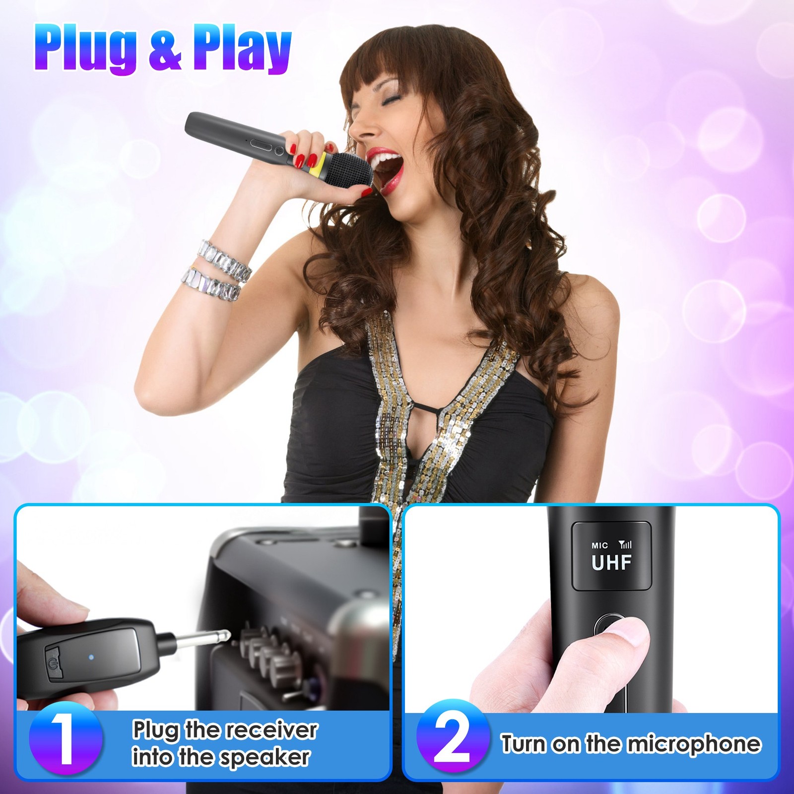 2Pcs UHF Wireless Microphones Handheld Mic System Karaoke Dynamic Microphone
