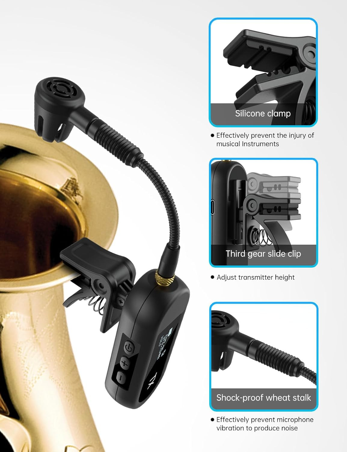 UHF Wireless Saxophone Microphone System with 100ft Range & 8-Hour Battery