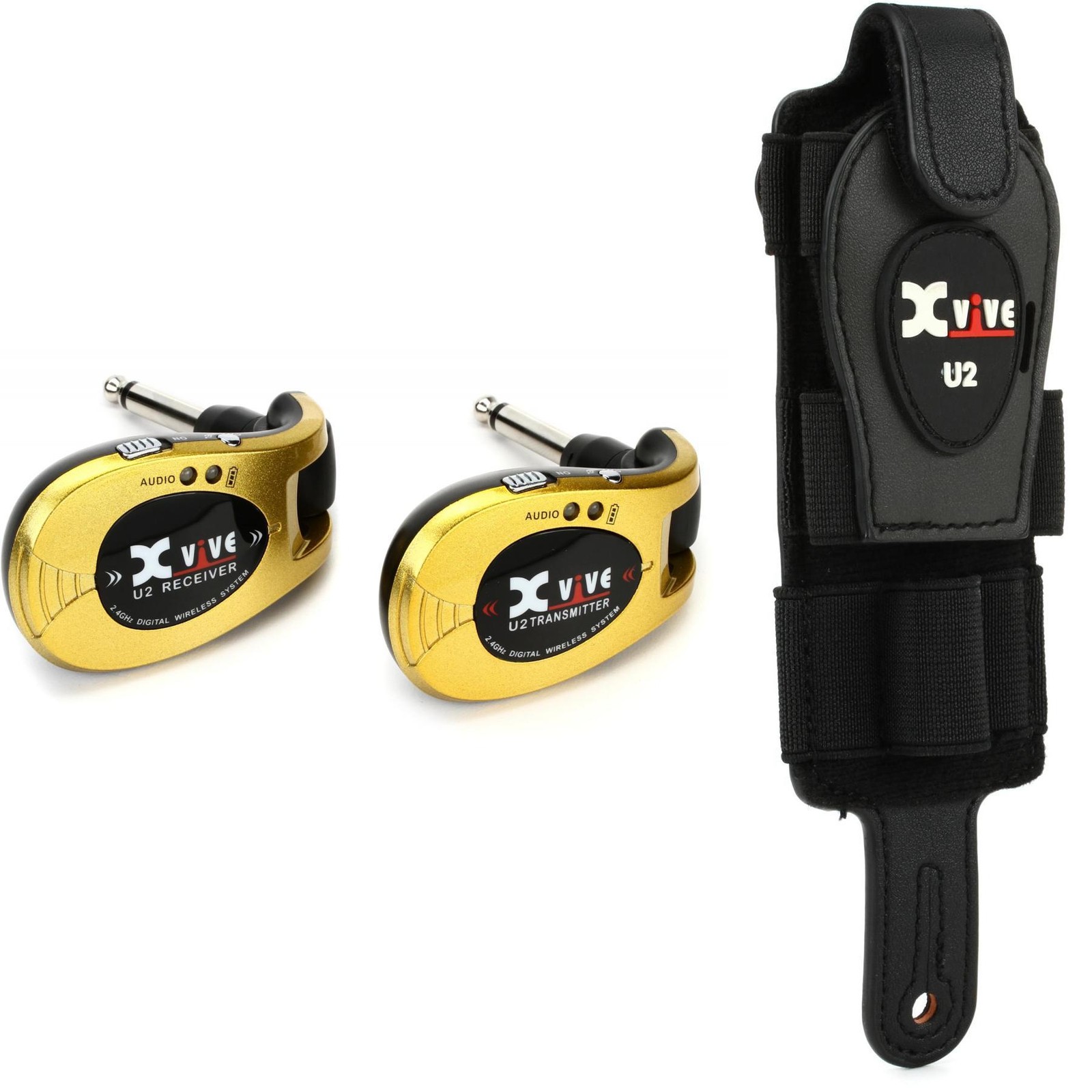 Xvive U2 Digital Wireless Guitar System and Strap Holder Bundle – Gold