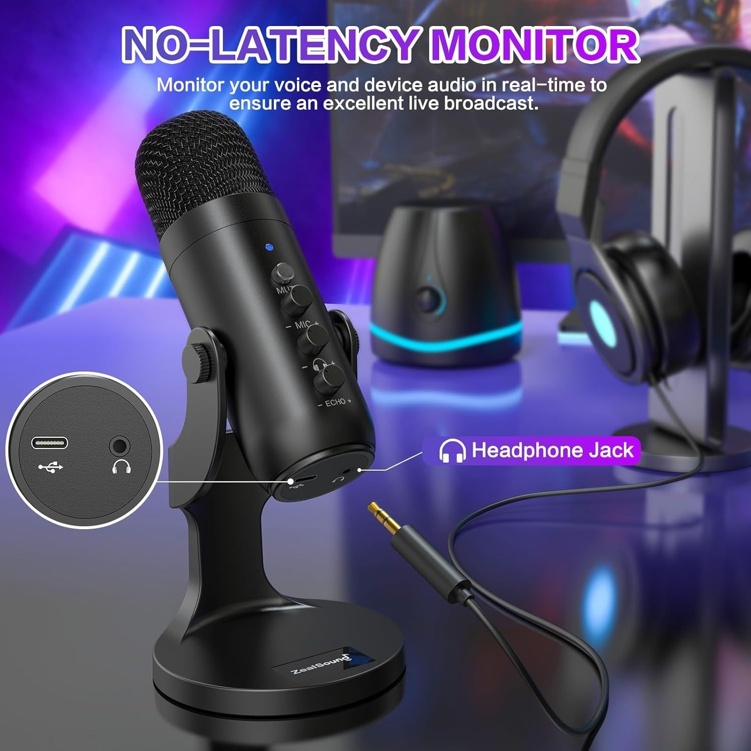 Podcast Microphone for PC, Noise Cancellation USB Mic with Gain, Volume Adjustme