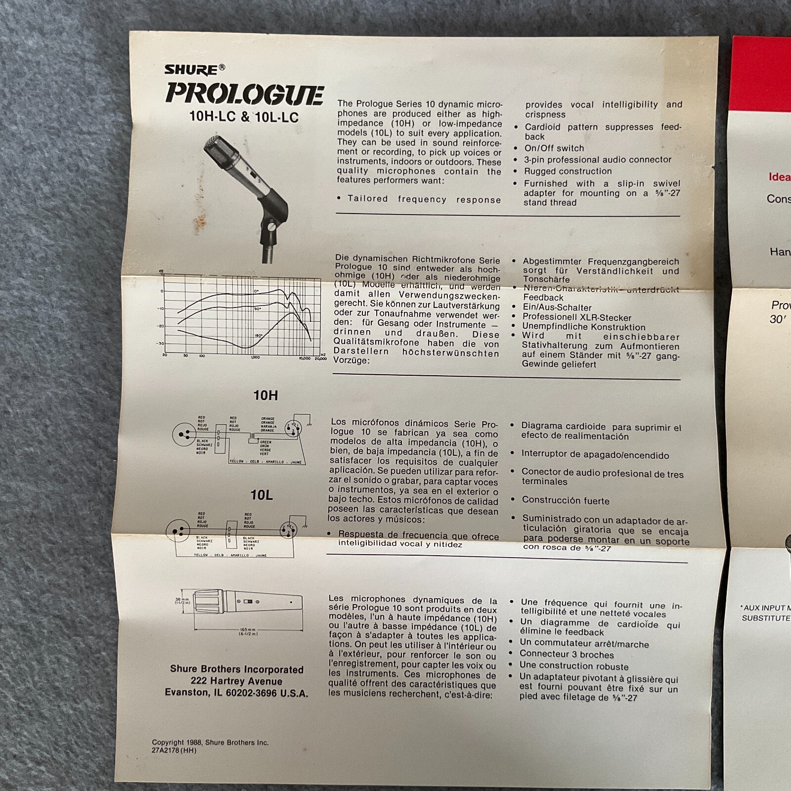 Box & Original Literature Only: Shure Prologue 10L-LC Dynamic C Low-Z Microphone