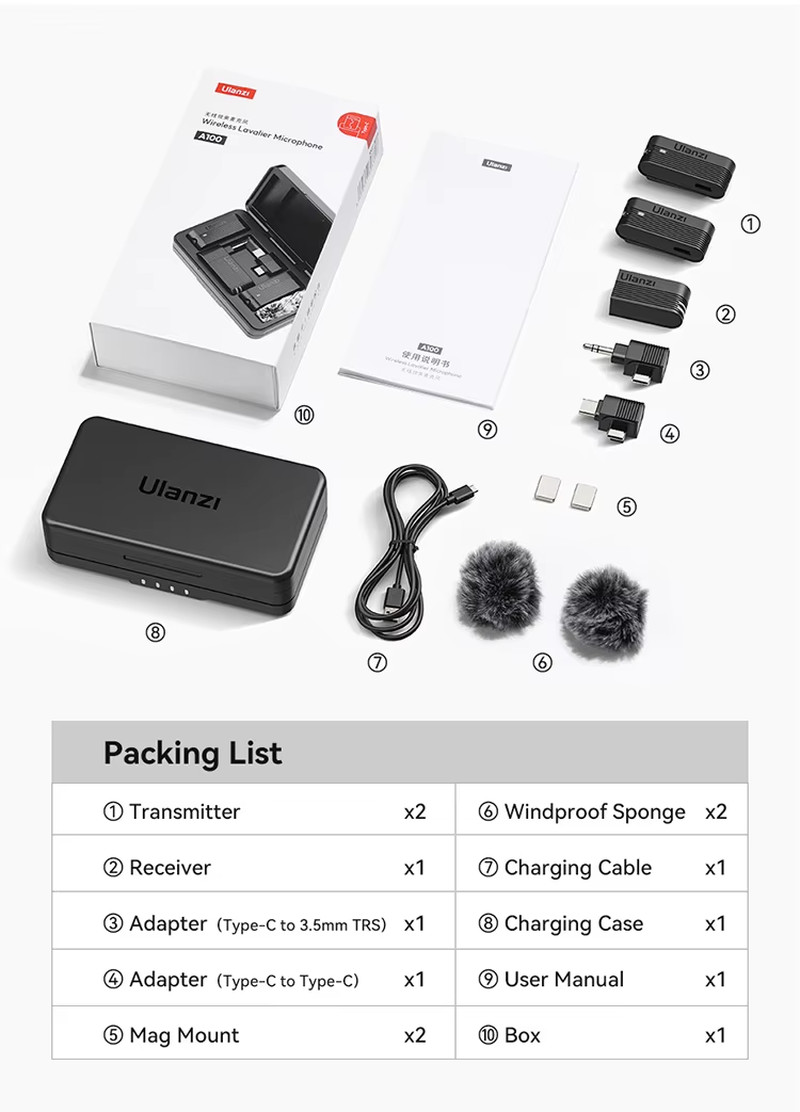 A100 Wireless Lavalier Microphone Professional 20M Audio Video Voice Recording M