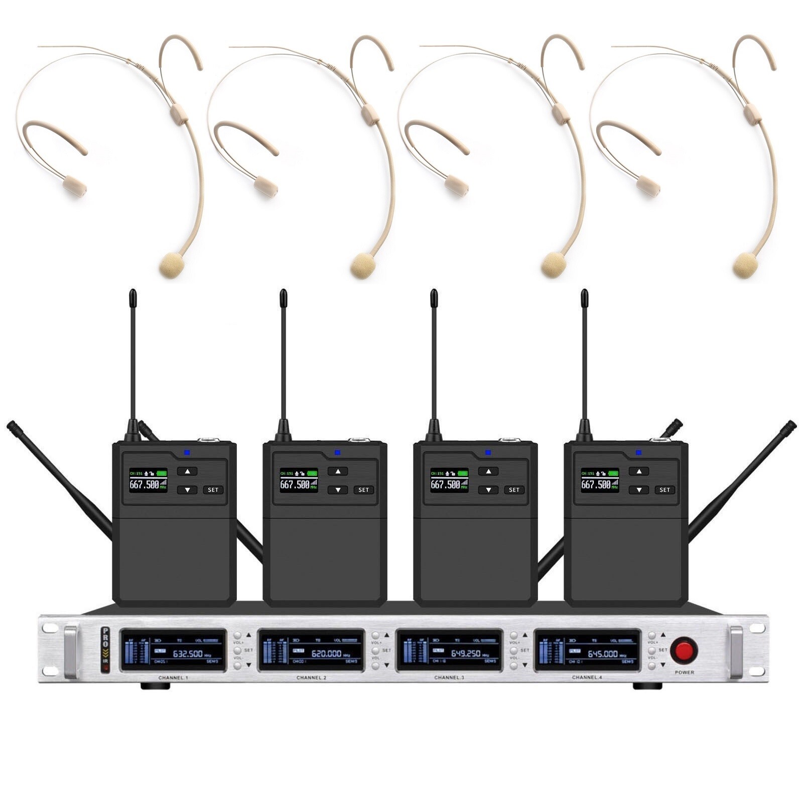 Stage Performance UHF Audio Wireless Microphone System 4 Channel 4 Headset Mic