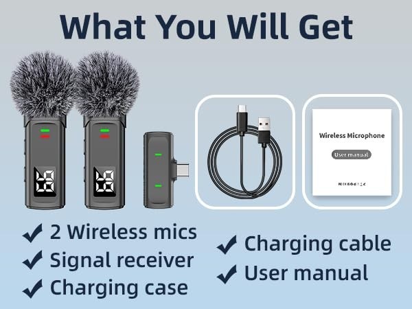 Wireless Lavalier Microphone for iPhone & Android – USB-C Clip-On Mic, 35H Batte