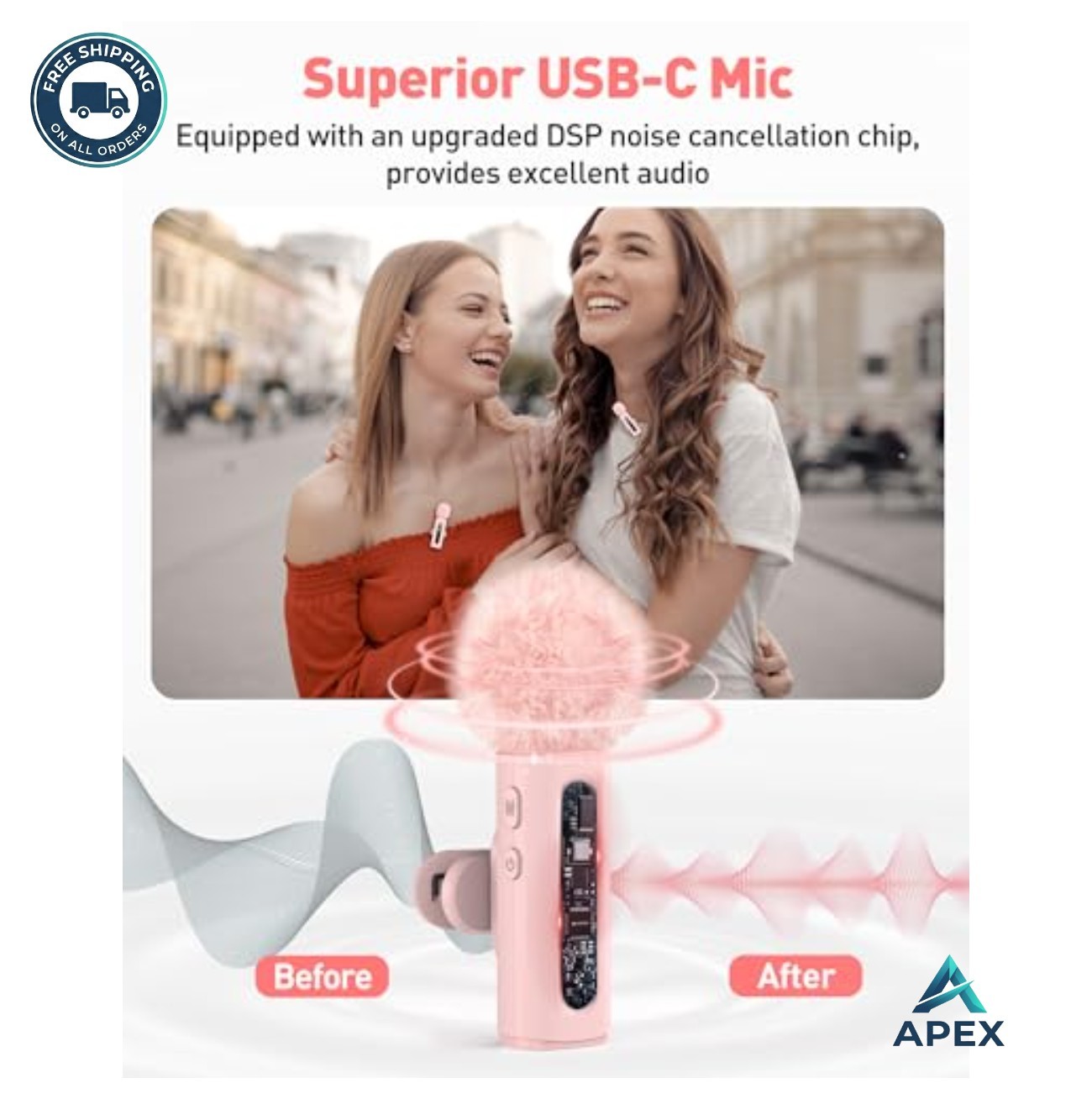 Wireless Lavalier Microphone USB C Denoise Clip On Pink 2 Pack for Phone Tablet