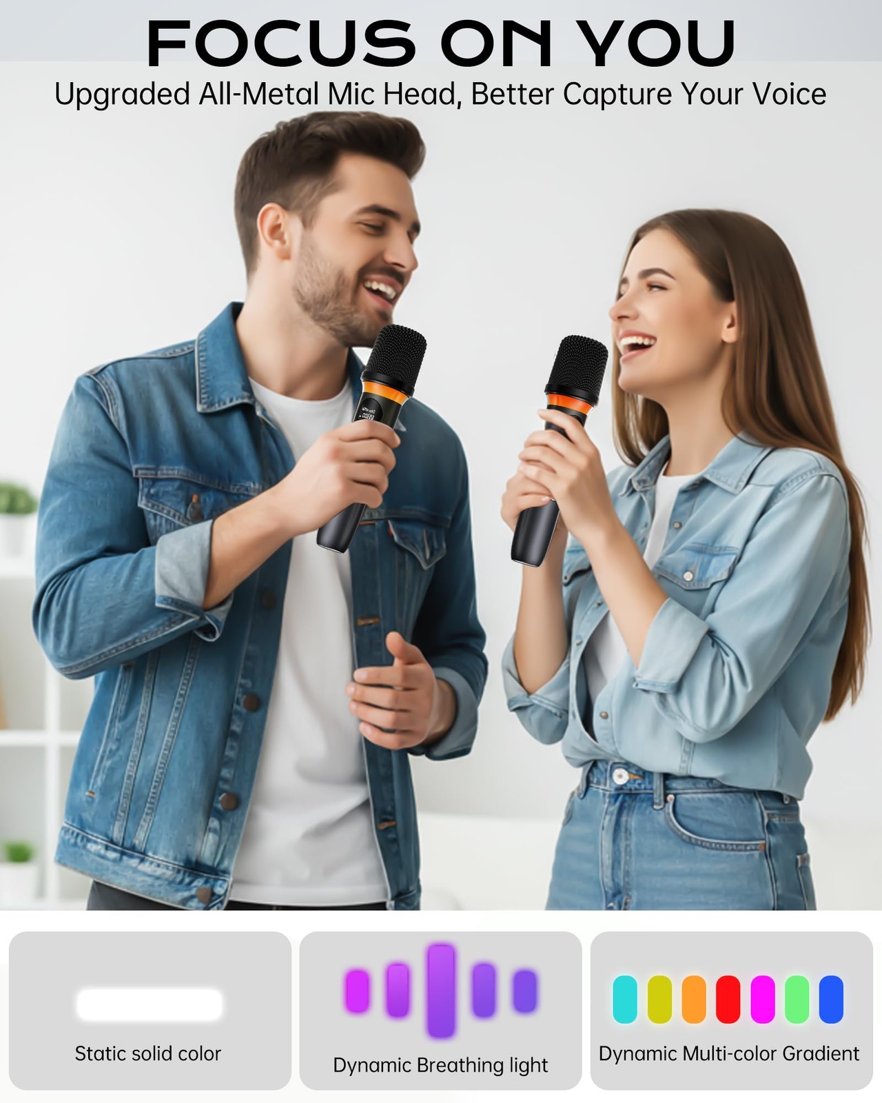 Dual Handheld Wireless Dynamic Microphone RGB Light 200FT Range 40Hour