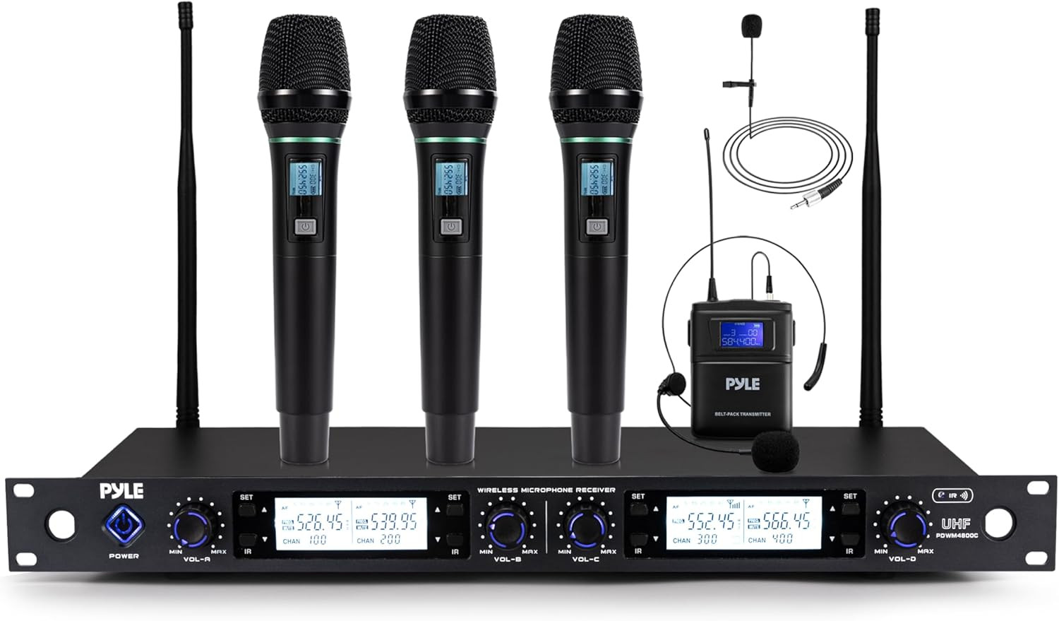 Wireless Microphone System, 4-Channel UHF Receiver with 3 Cordless Handheld Mics