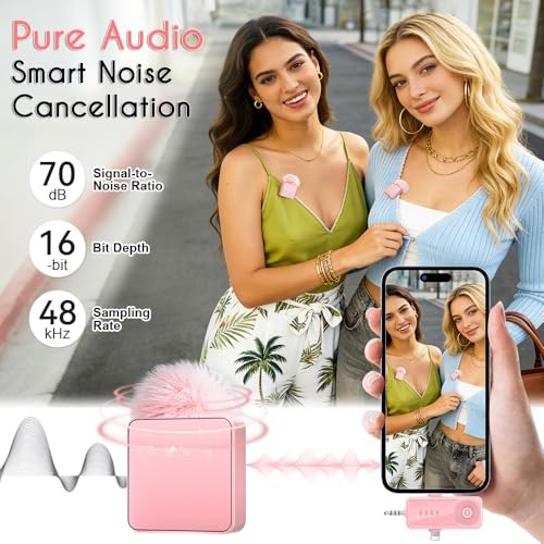 3-in-1 Wireless Microphone for iPhone/Android/Camera with Noise Pink