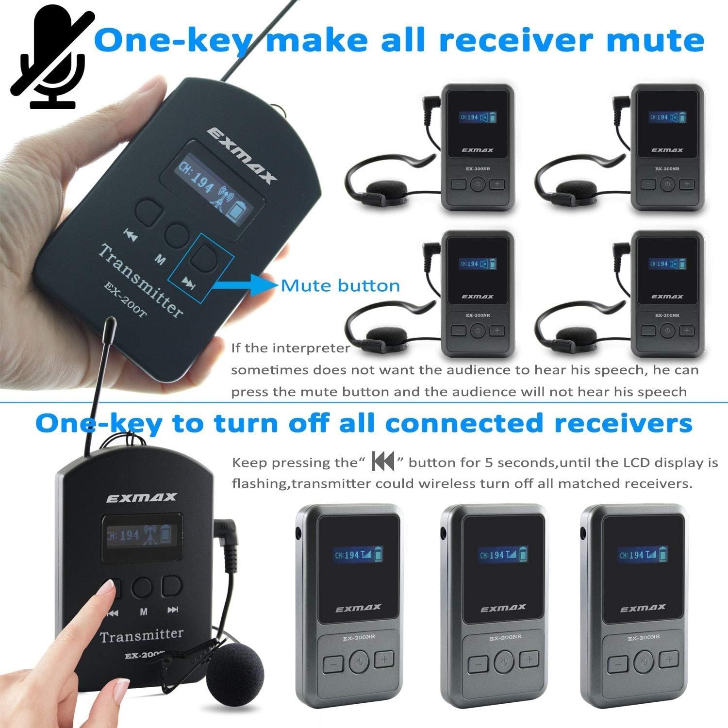 EXMAX EX-200N UHF Wireless Tour Guide System for Corporation Training (1T&1R)