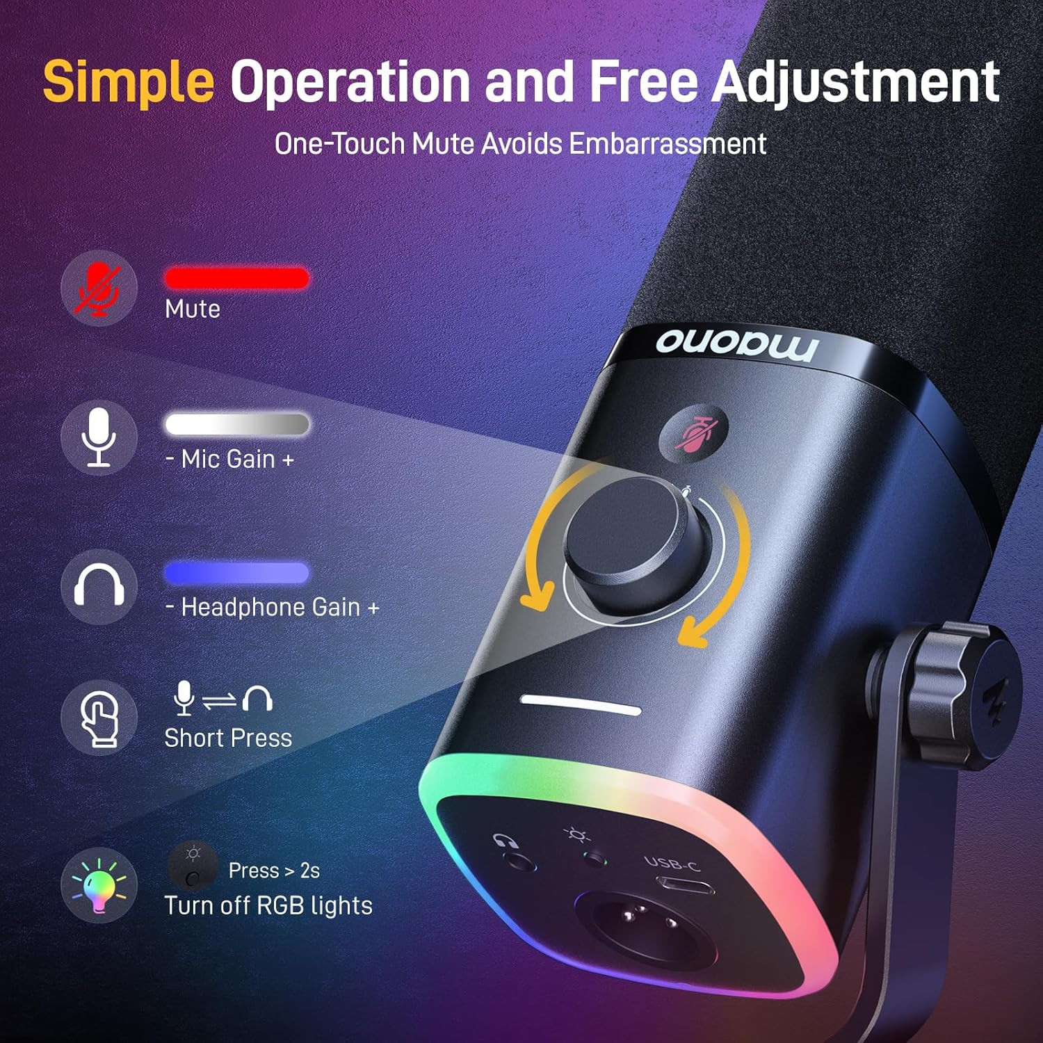 USB/XLR Podcasting Microphone for PC, Gaming Streaming Dynamic Mic with Mute But