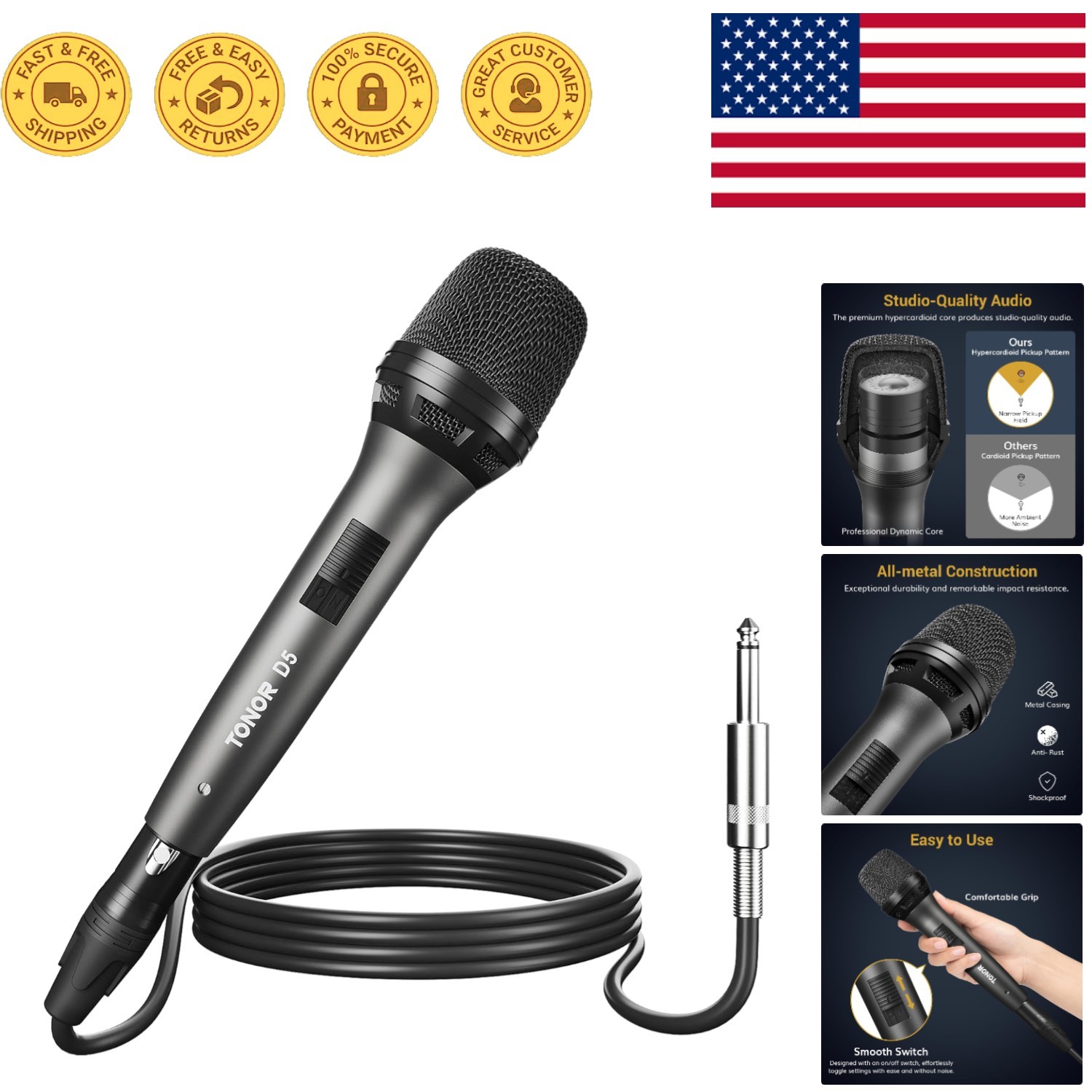 Versatile Dynamic Microphone with 450 cm Cable – Perfect for Karaoke & Speakers