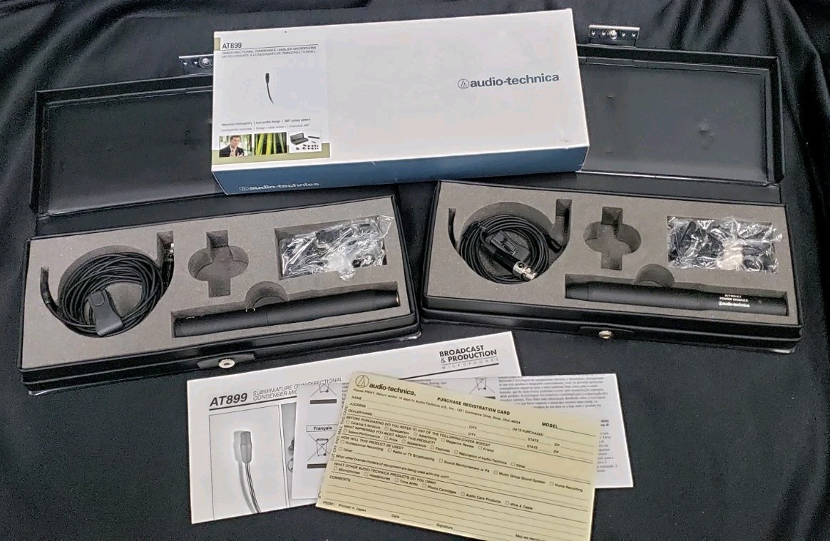 Pair of Audio-Technica AT899 Condenser Lavalier Microphones w XLR Adapter & Case