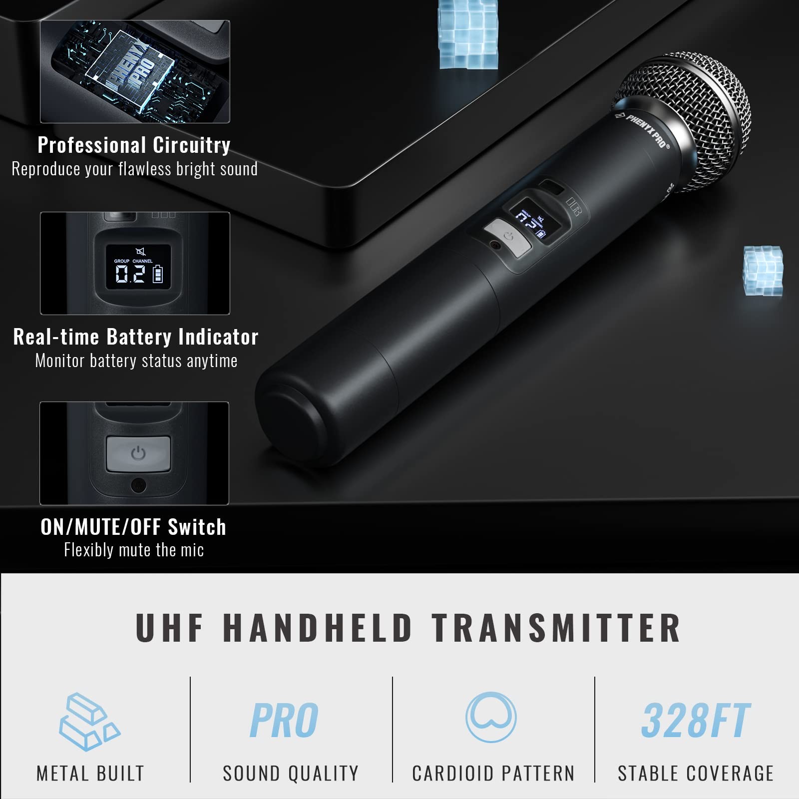 Phenyx Pro Wireless Microphone System, Quad Channel PTU-7000-4H, Black