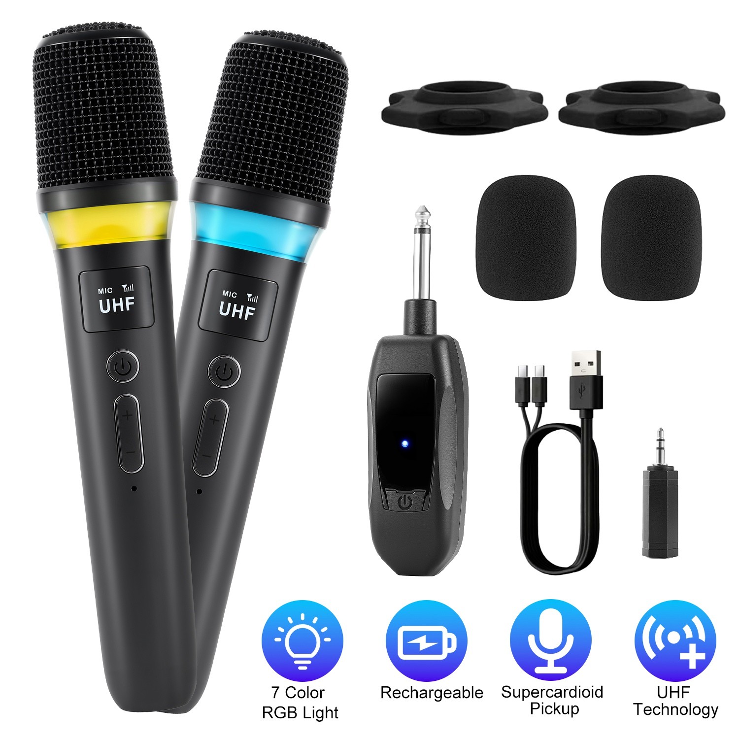 2Pcs UHF Wireless Microphones Handheld Mic System Karaoke Dynamic Microphone