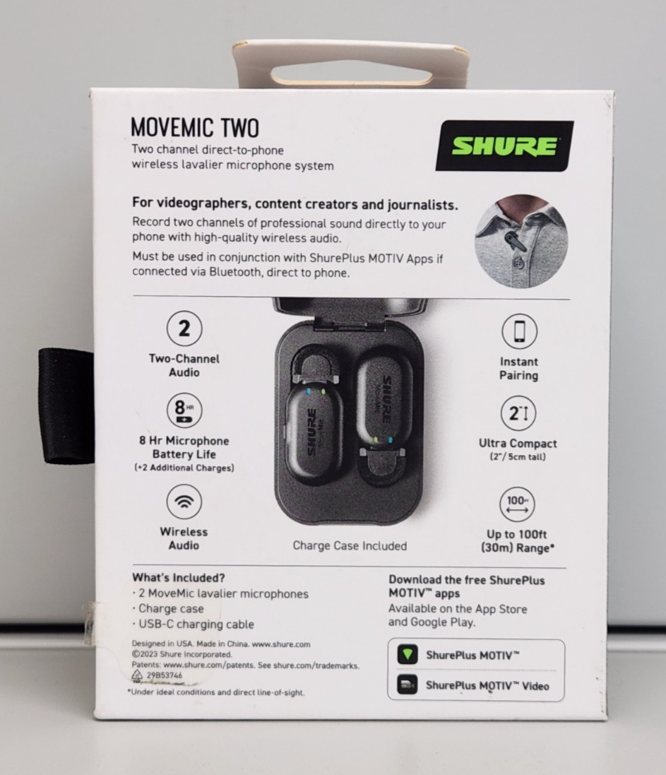 Shure MoveMic Two MV-TWO-Z7 2-Channel Wireless Lavalier Microphone System Black
