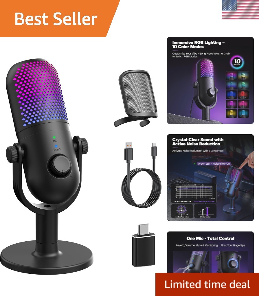 Plug and Play RGB Microphone with Real-Time Monitoring for Gamers & YouTubers