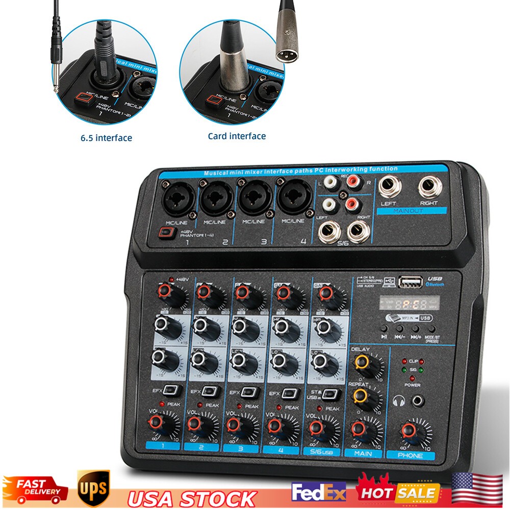 6Channel Live Audio Mixer Bluetooth USB DJ Sound Mixing Console Amplifier Studio