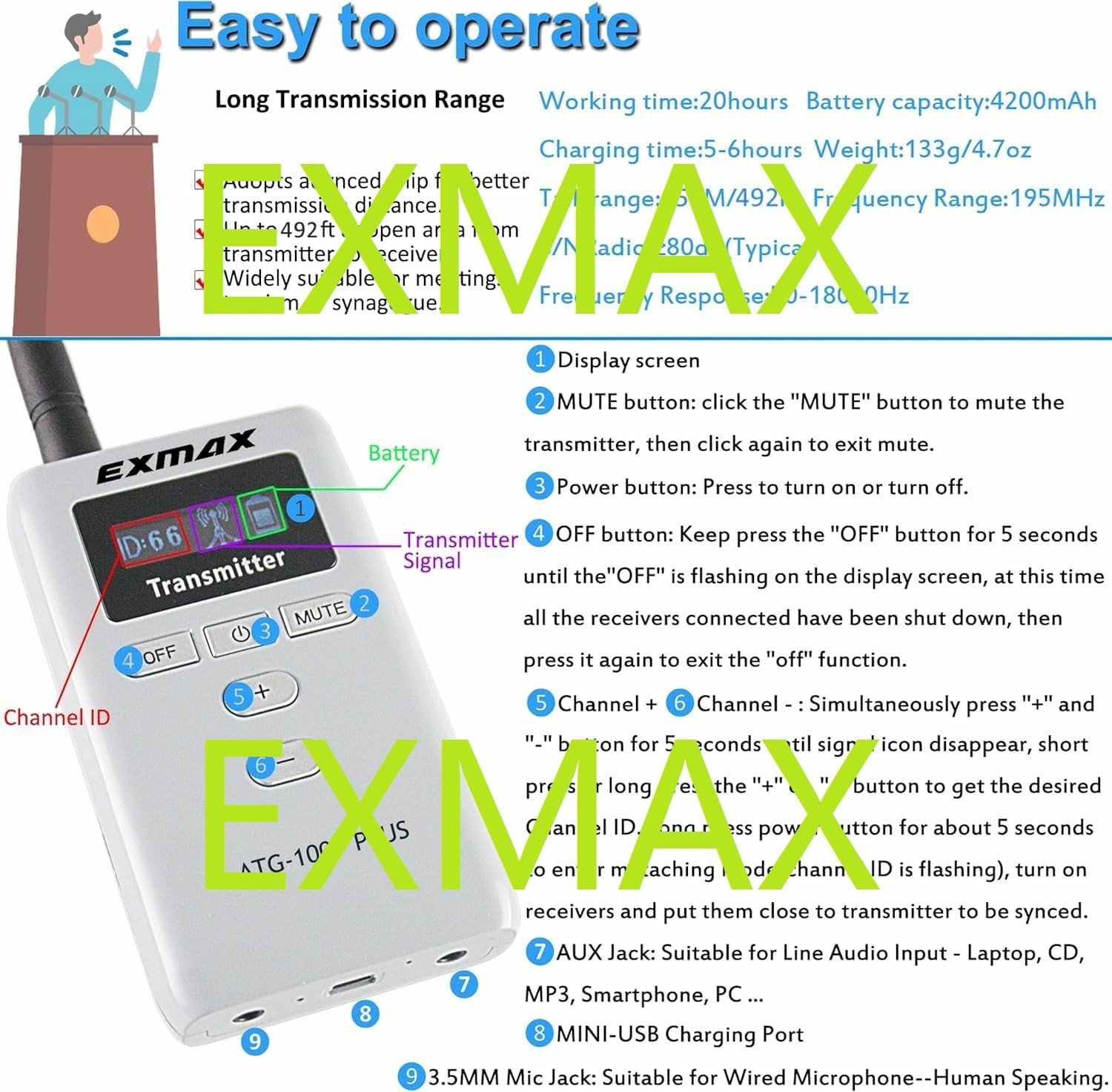 EXMAX Plus 195MHz Wireless Tour Guide System for Traning Translation Conference