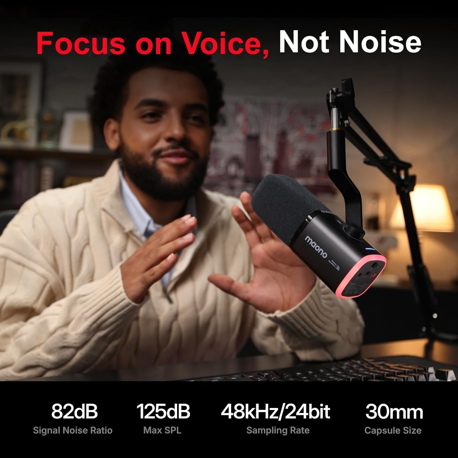 Maono PD100W Wireless Dynamic Desktop Microphone RGB Podcast Streaming Mic Black