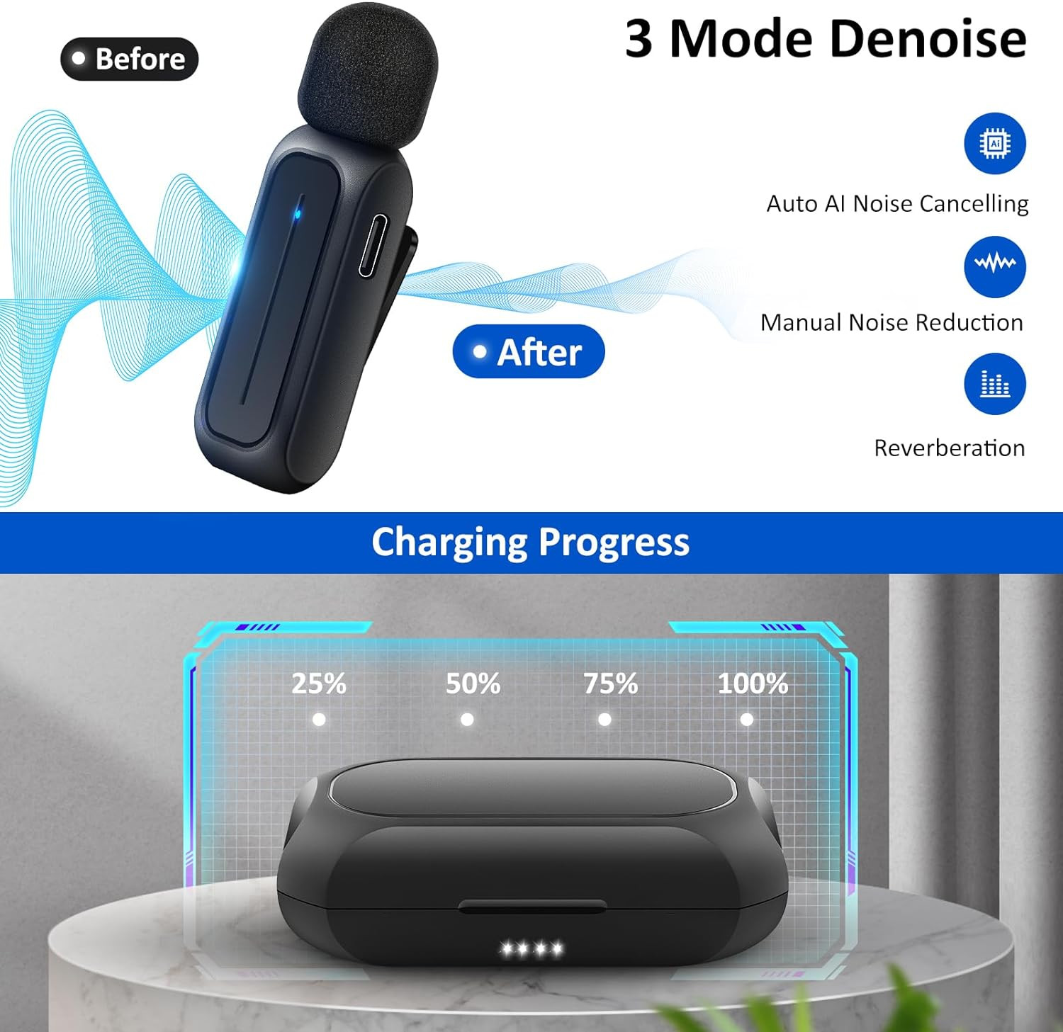 2 Pcs Wireless Lavalier Microphone for Iphone Ipad Android with Charging Case 7H