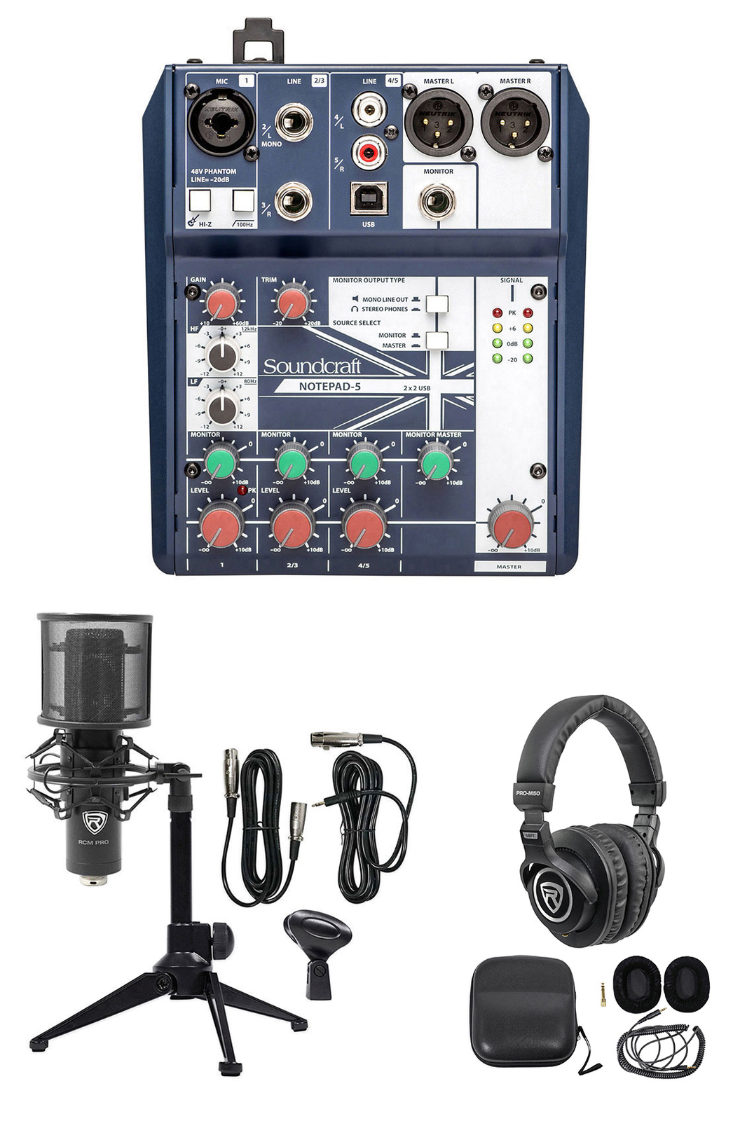 Podcasting Podcast Recording Bundle w/Soundcraft Mixer+Headphones+Pro Mic+Tripod