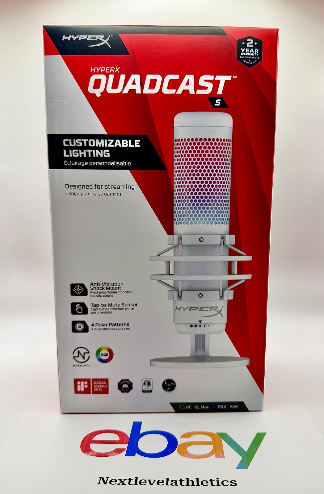 HyperX QuadCast S White – RGB USB Condenser Microphone – 519P0AA Factory Sealed