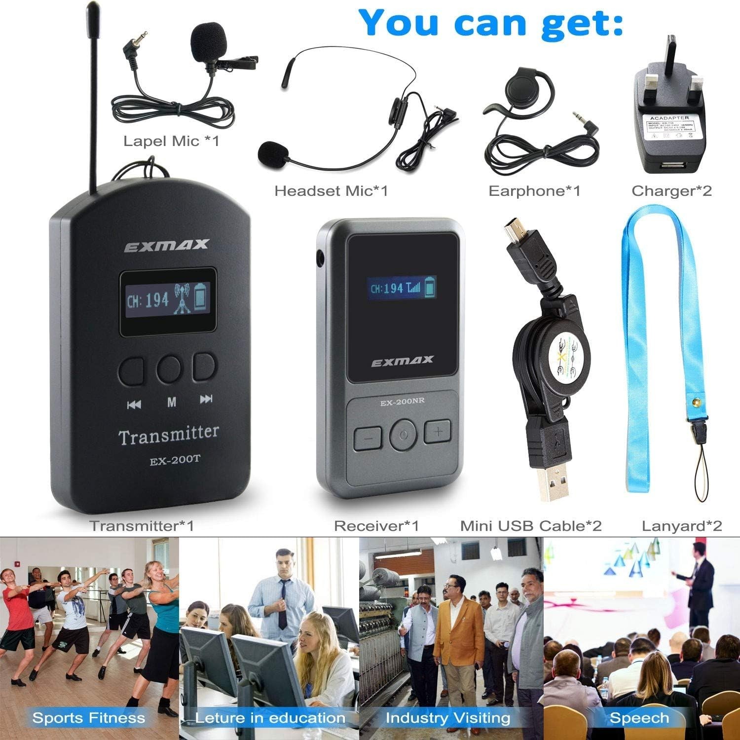 EXMAX EX-200N UHF Wireless Tour Guide System for Corporation Training (1T&1R)