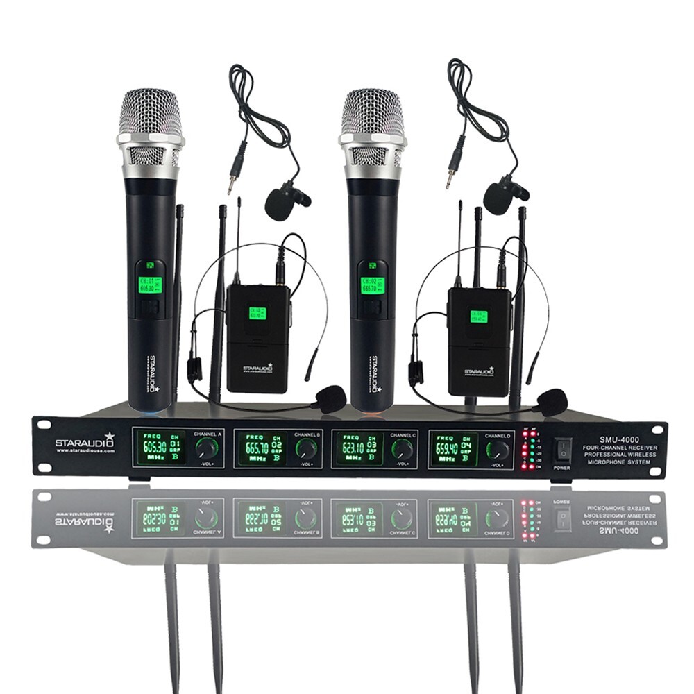 UHF Wireless Microphone System 2 Lavalier Bodypack 2 Handheld Quad Audio KTV Mic