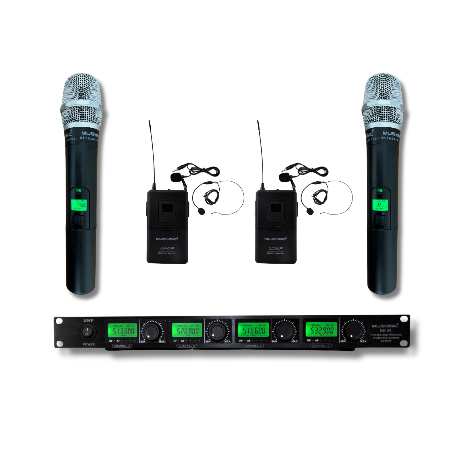 4 Channel UHF Wireless Microphone System 2 Handheld & 2 Lapel / Lavalier Headset