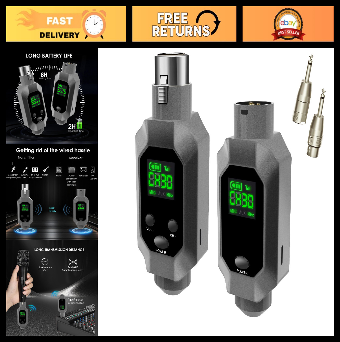 Wireless XLR Microphone System – UHF Transmitter & Receiver, 164ft Range, 8H Bat