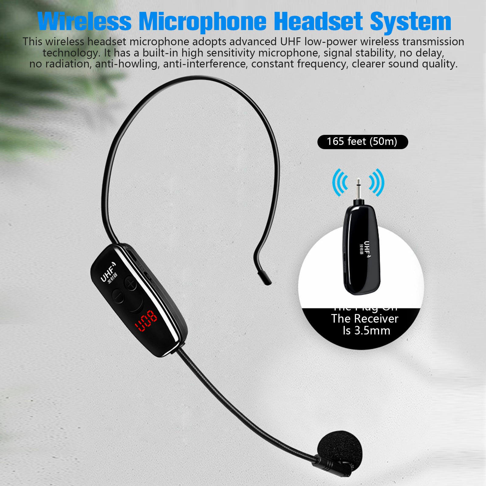 UHF 165FT Range Wireless Microphone Headset Mic System Set Kit for Teach Speaker